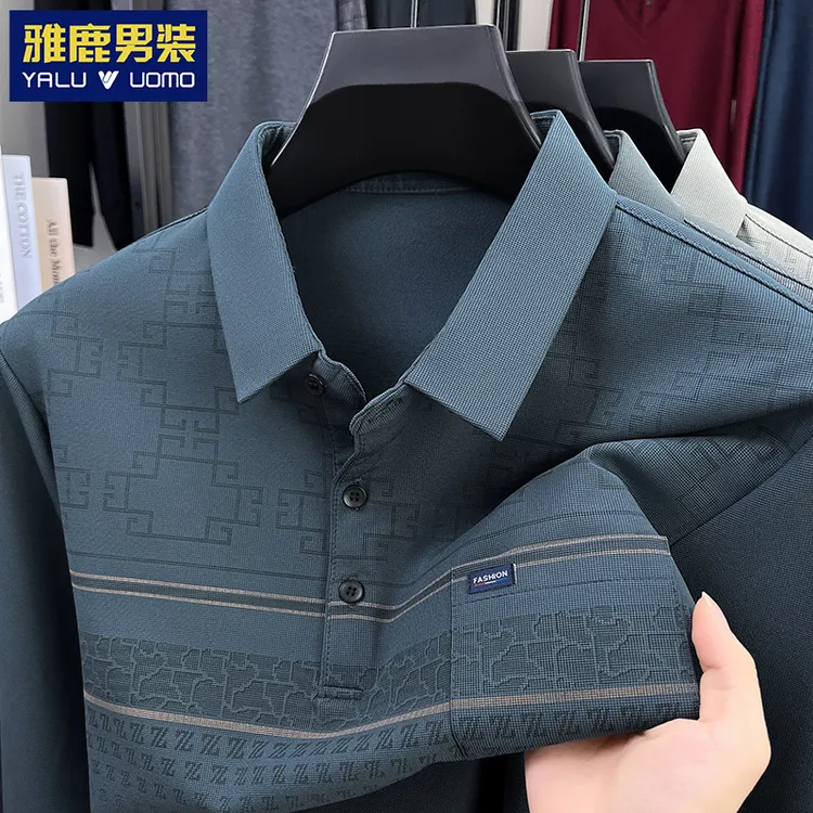 【真口袋】中年男士薄款长袖T恤秋季新款翻领上衣爸爸装印花打底衫