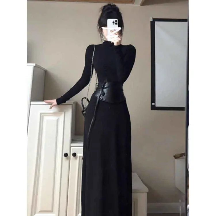 美式复古修身辣妹黑色长袖连衣裙女早春季新款收腰显瘦鱼尾长裙子
