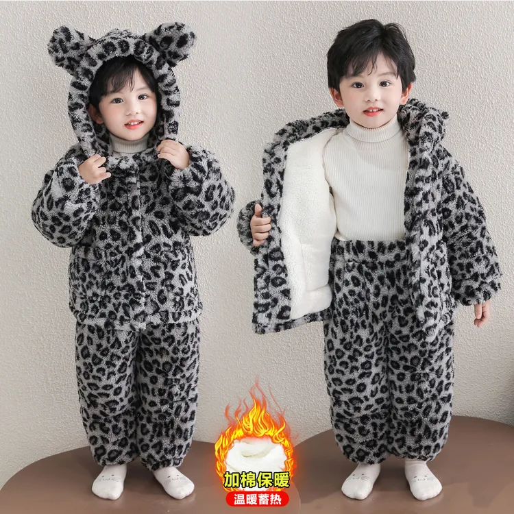 儿童睡衣冬季珊瑚绒2025新款三层加厚男孩豹纹棉衣套装男童家居服