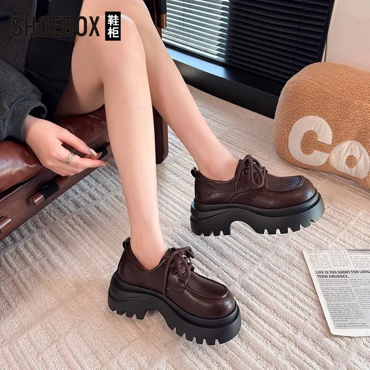 SHOEBOX鞋柜系带小皮鞋女2025秋季厚底百搭英伦风jk乐福单鞋