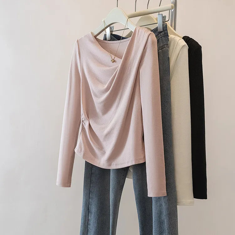 yoewshean/羽媗秋冬季斜肩荡领ins微胖mm大码女装长袖t恤内搭上衣