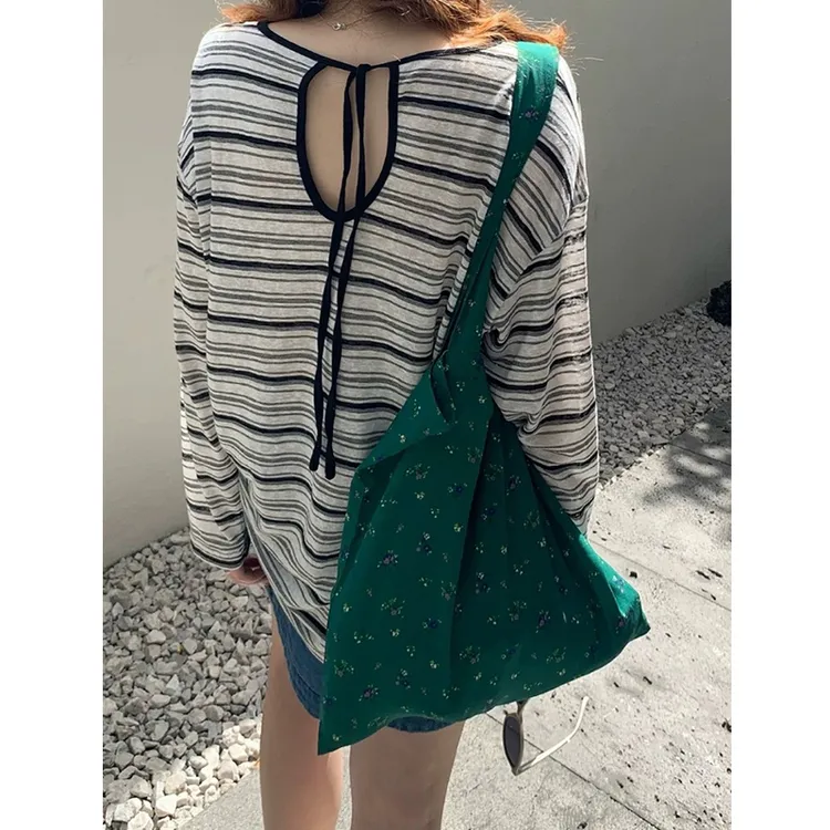 美式复古条纹绑带微透长袖t恤女夏季宽松设计感小众防晒罩衫上衣