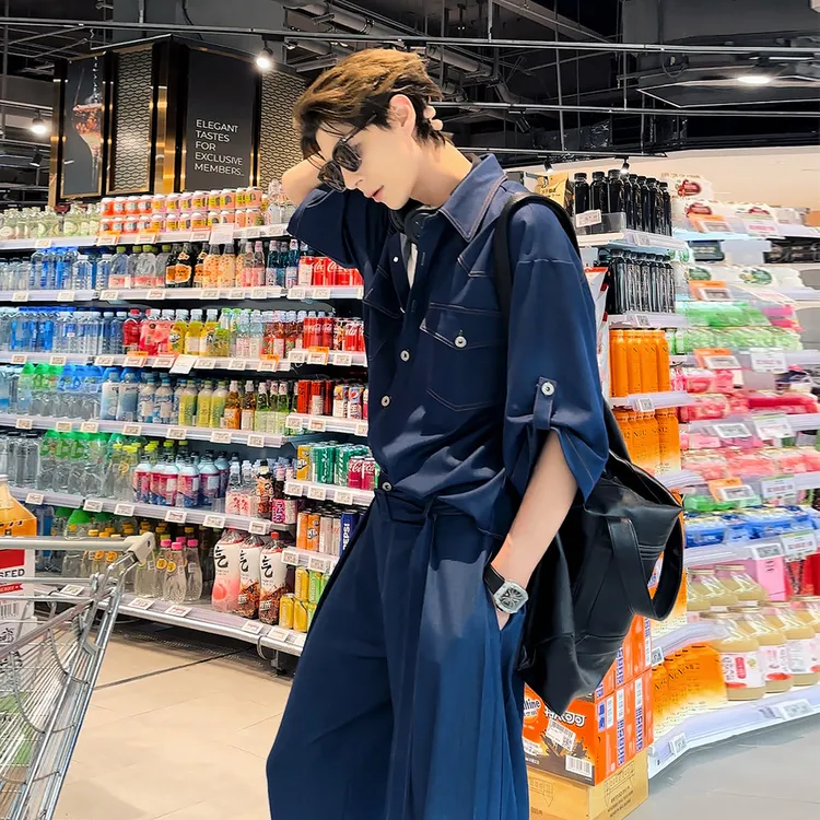 韩版男士运动套装牛仔衬衫时尚套装夏季痞帅痞帅韩版套装