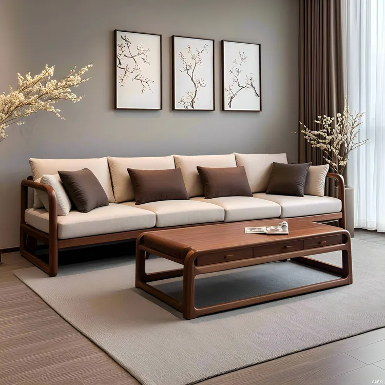 新中式实木禅意沙发现代简约北美黑胡桃木小户型冬夏两用直排沙发