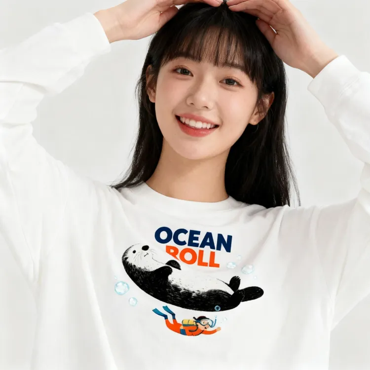 WPRA手绘海獭探险印花长袖宽松学生男女情侣圆领长T简约休闲上衣