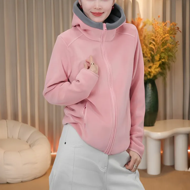 时尚设计感撞色连帽摇粒绒长袖卫衣2025冬季新款保暖显瘦外套上衣