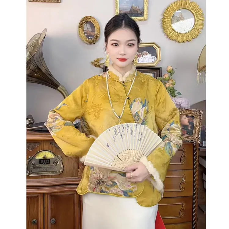 【762】秋冬新中式国风立领斜襟盘扣拼接毛边衬衫显瘦气质百搭上衣