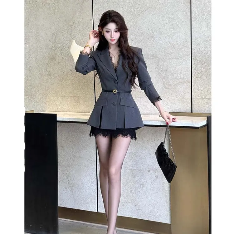 【两件套】【有里布】【送腰带】高级感西装外套女显高腰短裙套装TX0180