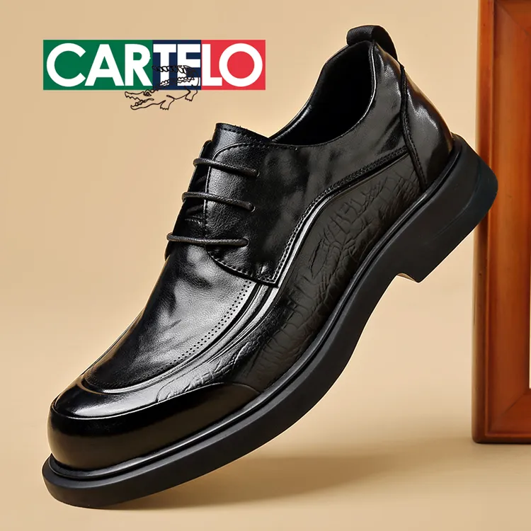 CARTELO/卡帝乐鳄鱼商务圆头透气休闲皮鞋男士皮鞋韩版时尚厚底