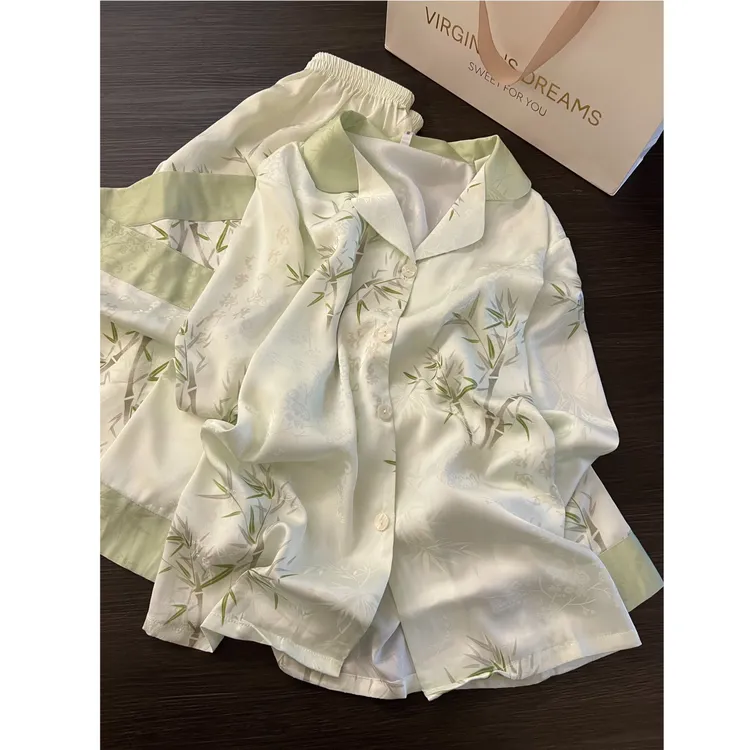 中式古风富贵竹印花缎面睡衣女春秋2025新款长袖长裤居家套装外穿