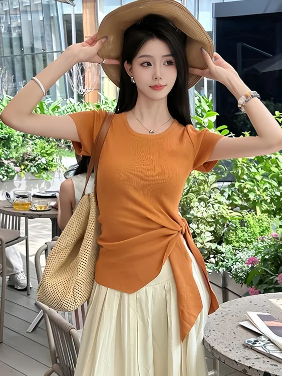 【现货】不规则冰丝短袖t恤女2025爆款夏季高级感修身绑带针织上衣