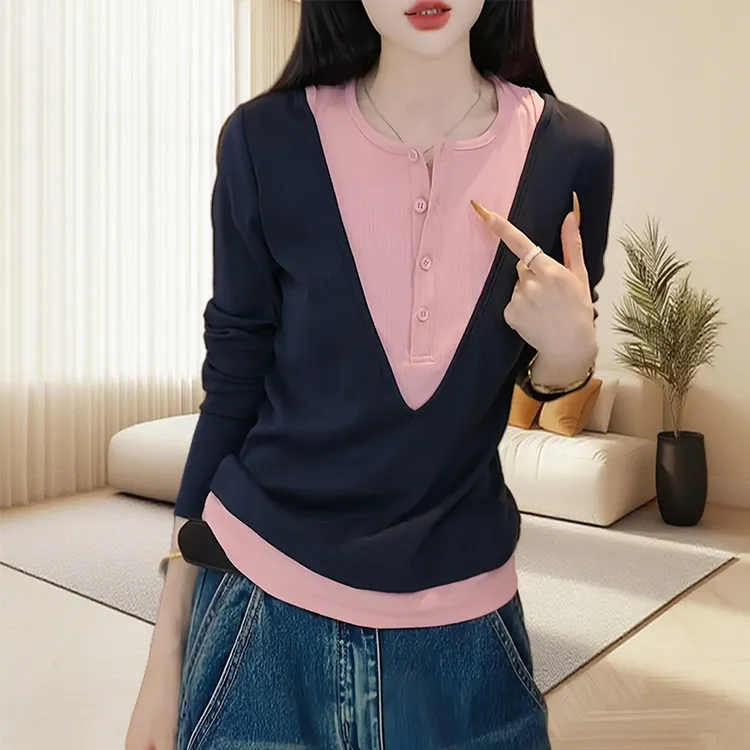 时尚高级感撞色假两件长袖针织衫女2025秋季新款休闲显瘦打底上衣