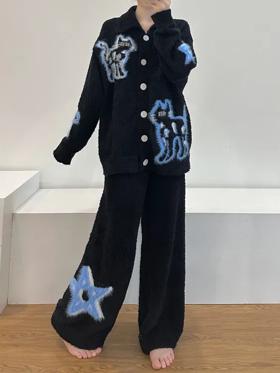 韩版卡通简约风通勤针织开衫套装女网红慵懒百搭氛围感可外穿睡衣