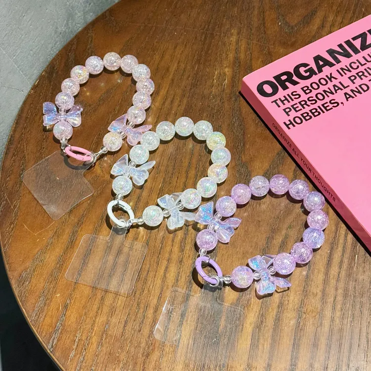 新款珍珠蝴蝶结手腕手链手机挂绳手腕款链条手机挂件可爱手机挂链