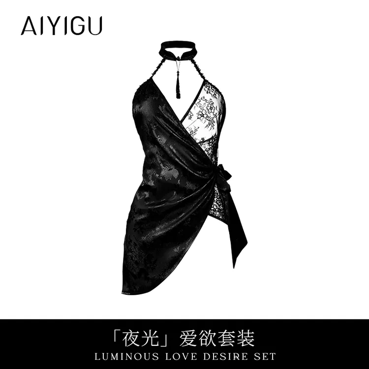 内衣蕾丝睡衣睡裙缎面新中式黑色镂空2025新款旗袍