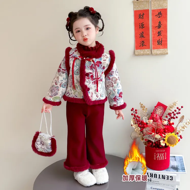 女童新中式国风年服套装夹棉加厚儿童女宝宝冬季喜庆汉服新年衣服