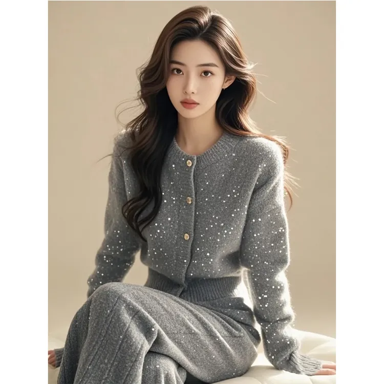 老钱风灰色细闪针织长裤子年会穿搭高级感贵气千金套装轻熟风女冬