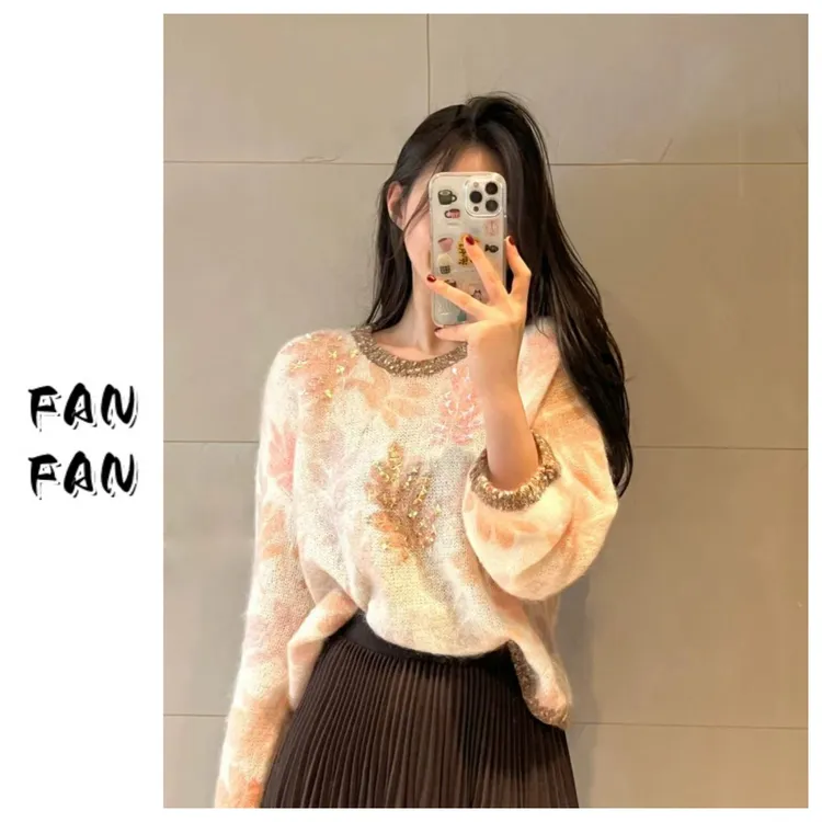 饭饭家【枫林晚】高级感绣珠提花毛衣