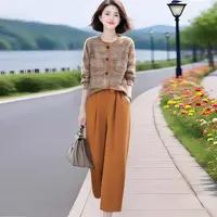 减龄气质休闲套装时尚拼色小香风针织开衫高腰阔腿裤两件套