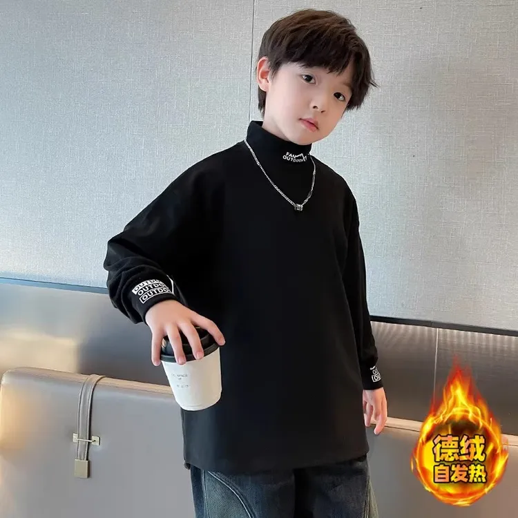 男童德绒卫衣半高领春秋冬2025新款冬季打底衫大儿童加绒加厚上衣