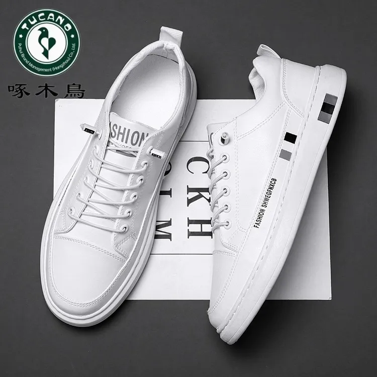 啄木鸟透气小白鞋男鞋2025新款韩版潮流休闲男潮鞋白鞋皮面板鞋