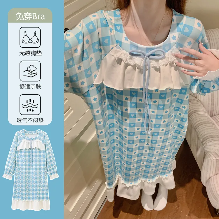 长袖睡裙女款爆款2025新款公主风带胸垫可外穿中长款大码睡衣裙子