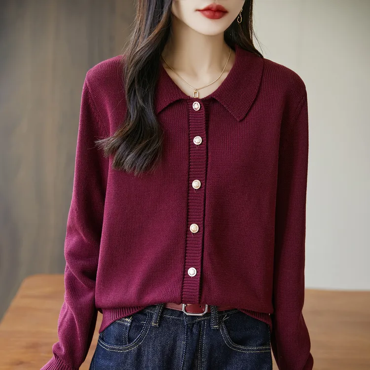 秋冬新款100%纯棉线翻领系扣开衫简约气质针织外套内搭外穿上衣女