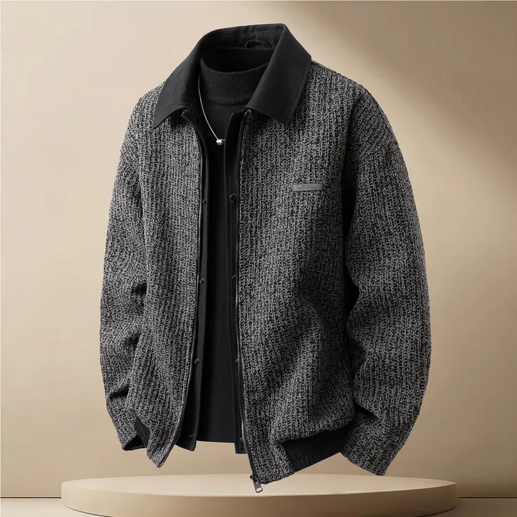 2025新款假两件毛呢外套男款冬季厚款保暖男士复古翻领潮羽绒夹克