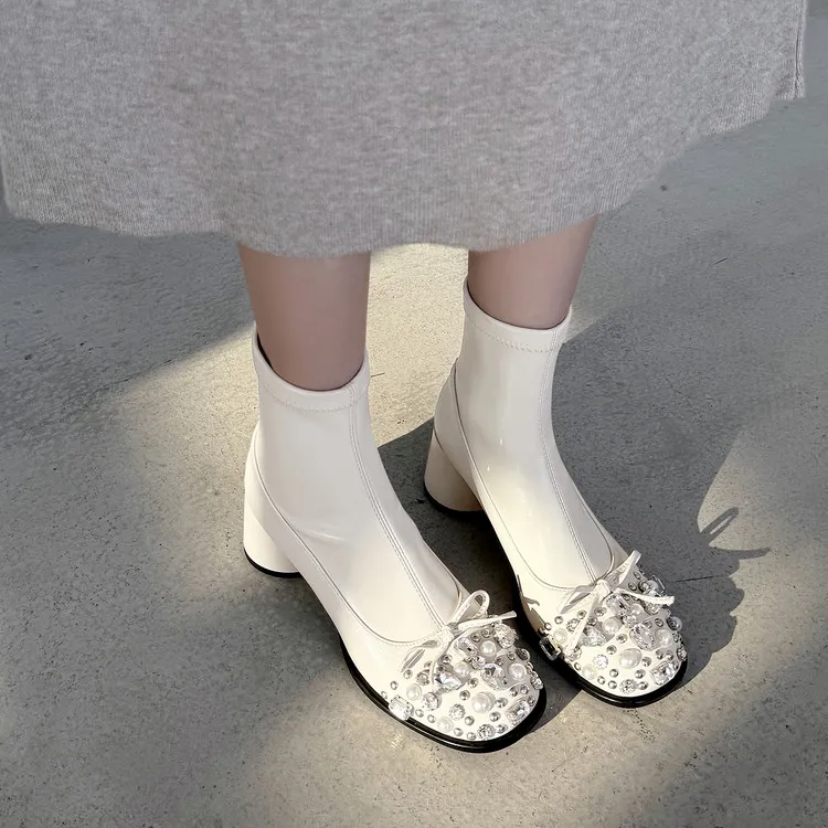 法式洋气~6cm时尚水钻蝴蝶结粗跟短靴女秋冬百搭显瘦高跟弹力靴女