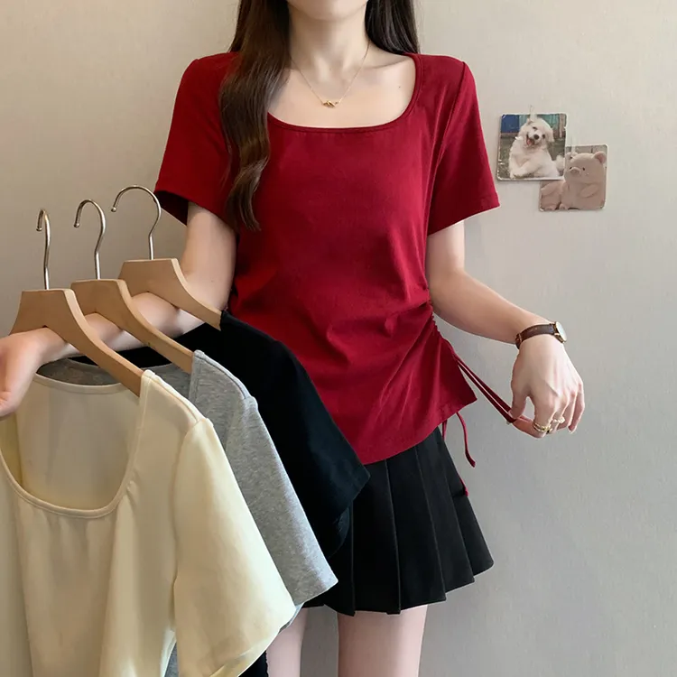 2025夏装新款胖mm大码女简约休闲u领抽绳宽松显瘦短袖T恤A1868