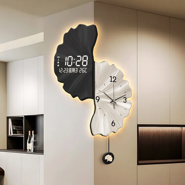 银杏叶客厅转角挂钟双面电子创意钟表时钟新款挂墙网红转角挂钟
