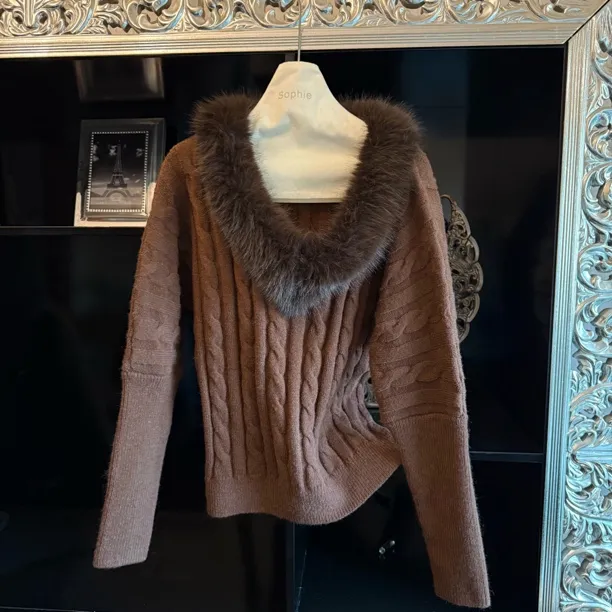 秋冬复古V领针织大毛领套头上衣076