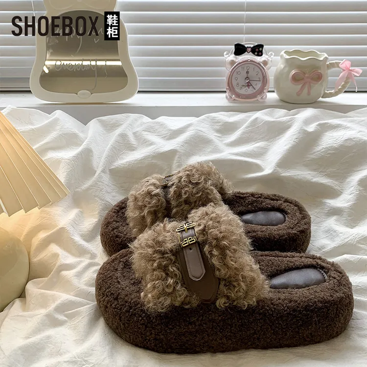 SHOEBOX鞋柜棕色爆款毛毛拖鞋女秋冬外穿2025新款厚底休闲拖鞋