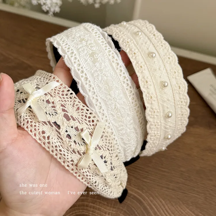 高级感米色刺绣仿珍珠宽边发箍女高颅顶头箍日常外带发卡发捆头饰