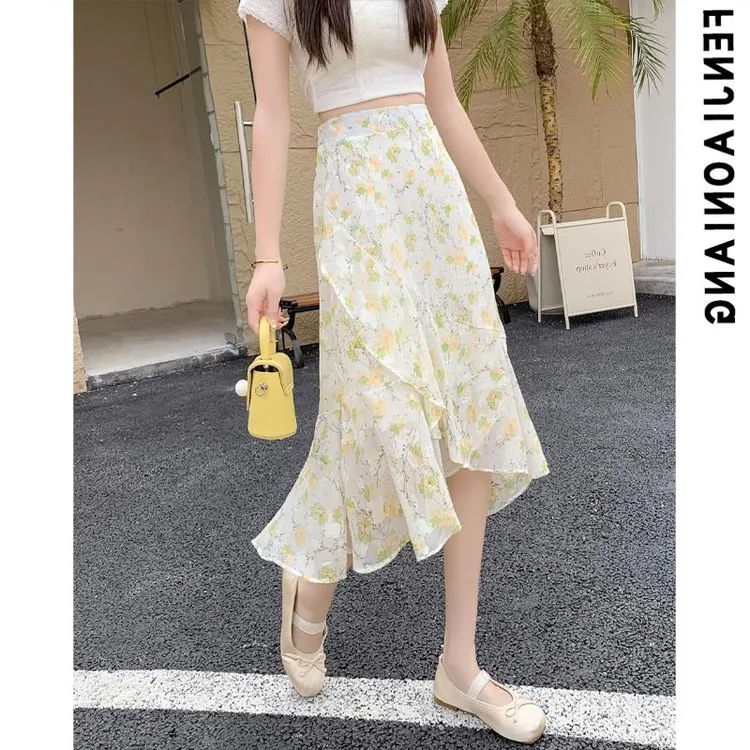法式雪纺碎花半身裙女夏季甜美高腰A字中长裙不规则荷叶边鱼尾裙