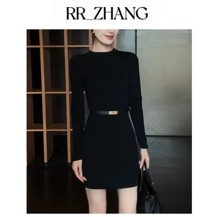 长袖修身针织连衣裙收腰显瘦百搭神器（连衣裙+腰带）