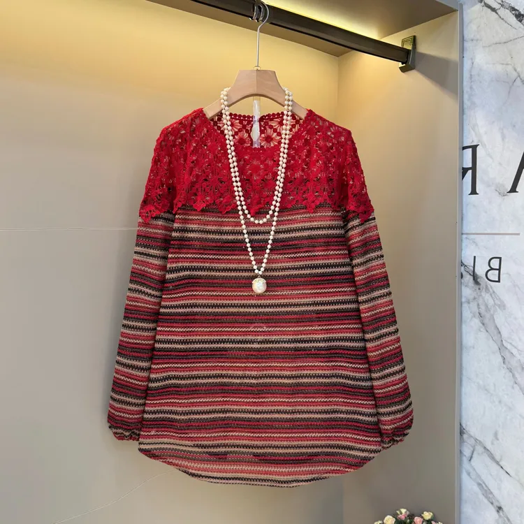  秋季款时尚洋气蕾丝拼接设计撞色拼接设计韩系宽松百搭上衣25167