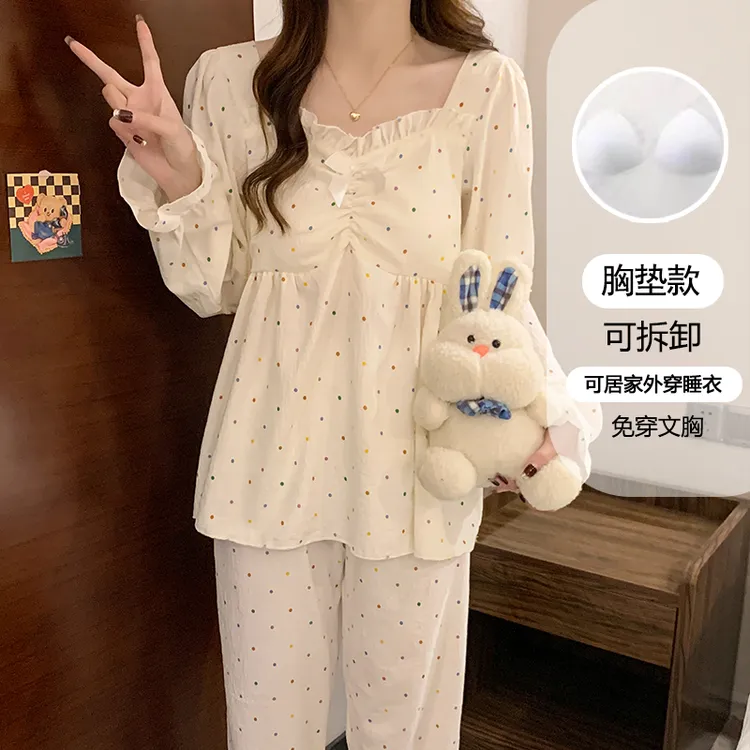 【星】带胸垫少女甜美睡衣长袖春夏季公主风可外穿家居服套装1035