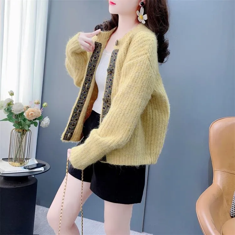 温柔风碎花门襟毛衣外套女秋冬2024新款宽松加厚软糯针织开衫上衣