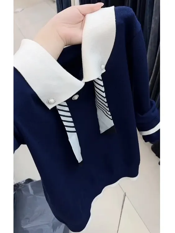 复古小众长袖撞色翻领针织上衣女秋季新款百搭洋气绑带套头毛衣潮