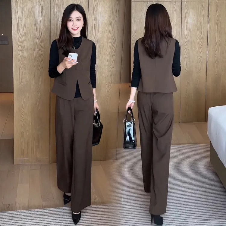 时尚套装女2025秋季新款洋气显瘦西装马甲打底衫阔腿裤气质三件套