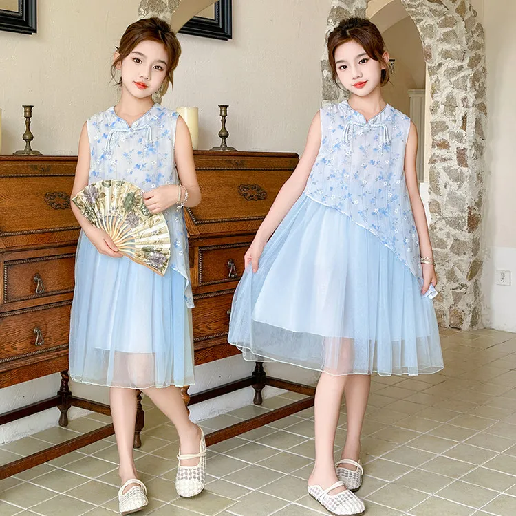 女童新中式连衣裙夏季爆款中大童复古雪纺旗袍裙女孩国风洋气纱裙