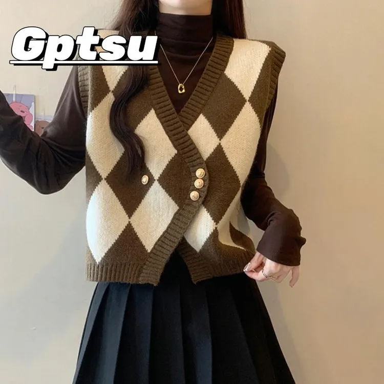 GPTSu秋冬美拉德风菱格针织马甲背心女大码胖mm叠穿开衫马夹上衣