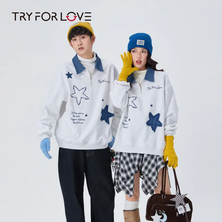 TRYFORLOVE秋季潮流POLO领贴布美式薄款蝴蝶宽松卫衣撞色情侣装