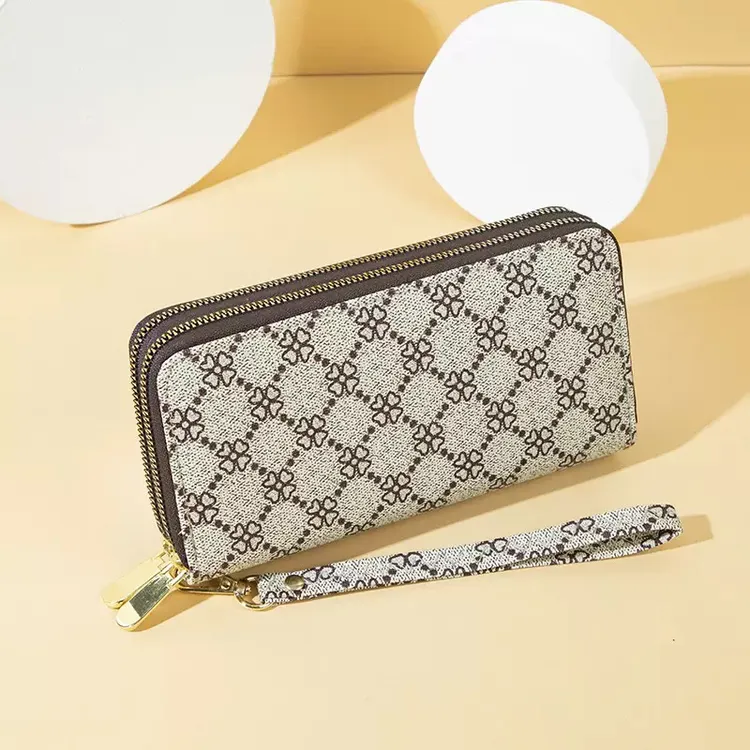 Yy长款女四叶草印花大容量手拿包双拉链双层钱夹手机包时尚女士