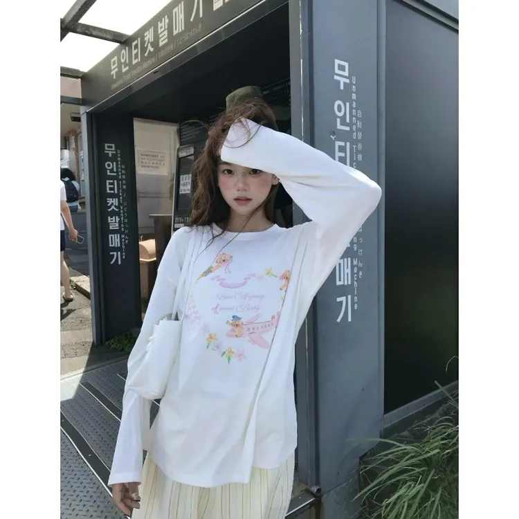 慵懒风长袖t恤女秋冬季卡通印花白色纯棉打底衫宽松百搭圆领上衣