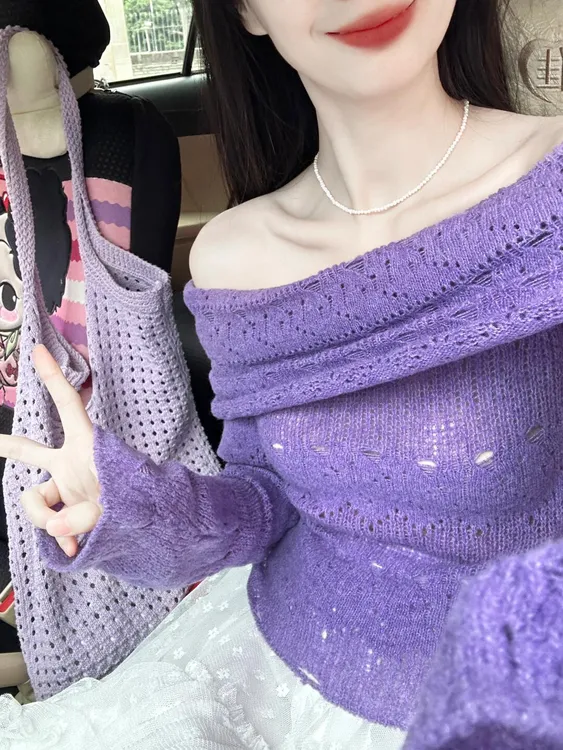 2025春季新款高级感气质紫色镂空一字肩毛衣温柔小众蕾丝半身裙