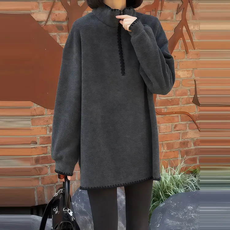 中长款无帽立领灰色卫衣女款2025新款爆款秋冬宽松慵懒遮屁股上衣