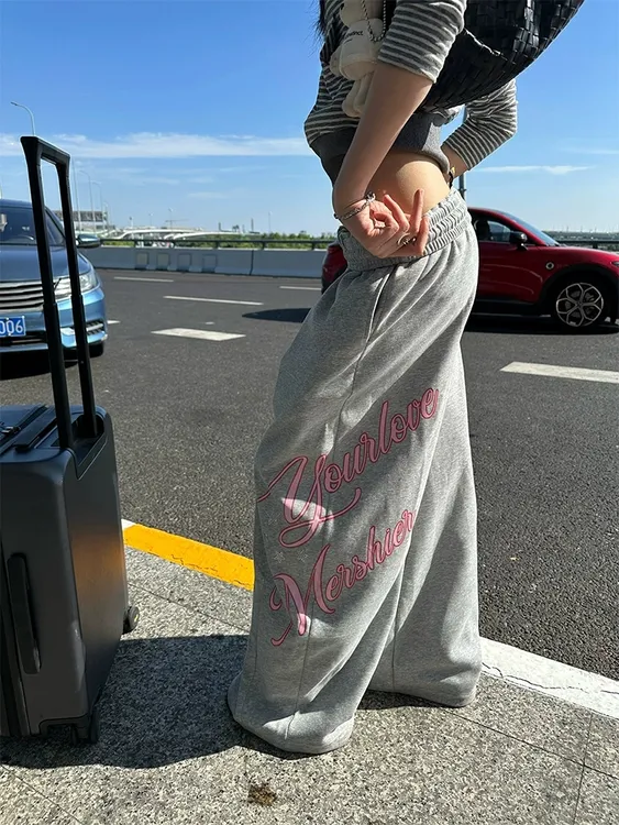 美式慵懒风字母印花阔腿休闲裤女百搭ins辣妹宽松垂感直筒拖地裤