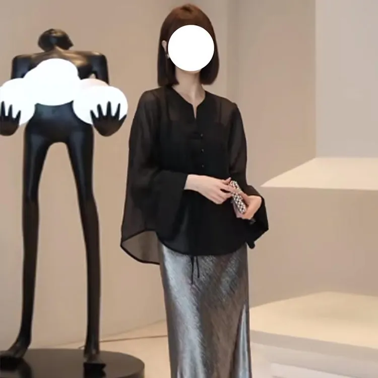 新中式国风盘扣黑色长袖防晒衬衫女夏款小个子设计感薄款气质上衣